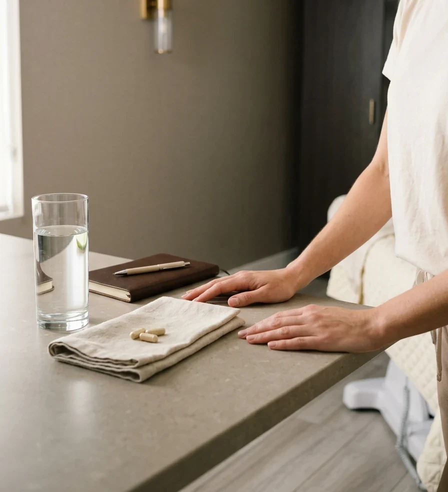 A daily wellness moment — water, journal, supplements on the Bluffs counter