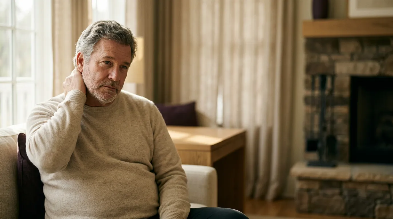 A man in a quiet study, hand at his neck, weary — inflammation and fatigue