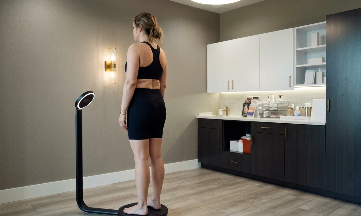 A guest stands on the 3D body composition scan in The Bluffs treatment room