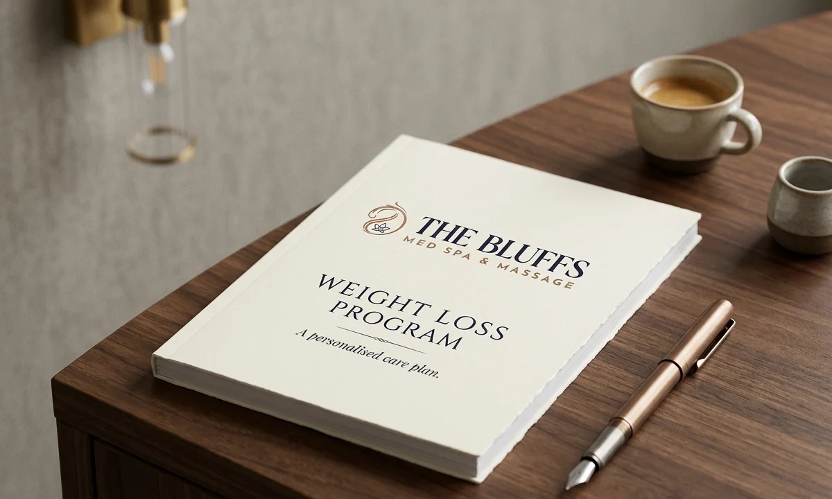 The Bluffs weight loss program — a printed, personalised care plan on the treatment-room desk